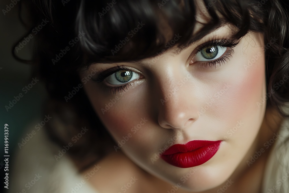 Close-up portrait of a young woman with green eyes and red lipstick. Close-up portrait of a young woman with green eyes and red lipstick.