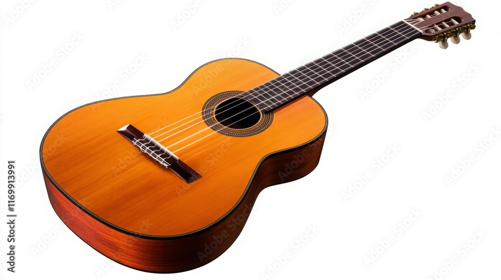 Fototapeta premium Classical guitar, orange wood, six strings, isolated on white background.