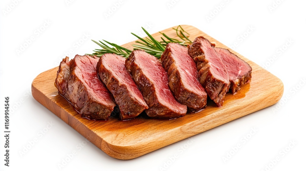 Seared Steak on Rustic Wood Cutting Board: Juicy, medium-rare steak slices, glistening with savory juices, are arranged on a rustic wooden cutting board, garnished with sprigs of fresh rosemary. Seared Steak on Rustic Wood Cutting Board: Juicy, medium-rare steak slices, glistening with savory juices, are arranged on a rustic wooden cutting board, garnished with sprigs of fresh rosemary.