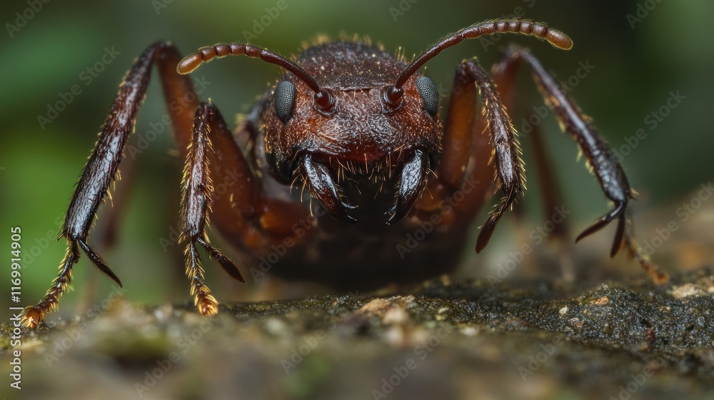 Close-up of a large, brown ant on a tree branch. Close-up of a large, brown ant on a tree branch.