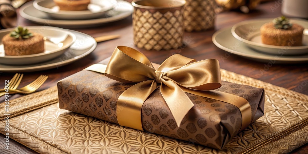 Elegant brown wrapping paper with golden accents and a subtle sheen, carefully arranged around a luxurious gift box in the center of a decorative table setting, special occasion, high end Elegant brown wrapping paper with golden accents and a subtle sheen, carefully arranged around a luxurious gift box in the center of a decorative table setting, special occasion, high end