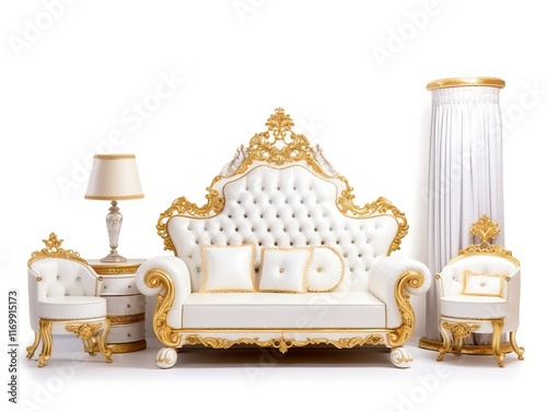 A beautifully crafted baroque furniture set featuring gold details and white upholstery, perfect for sophistication.