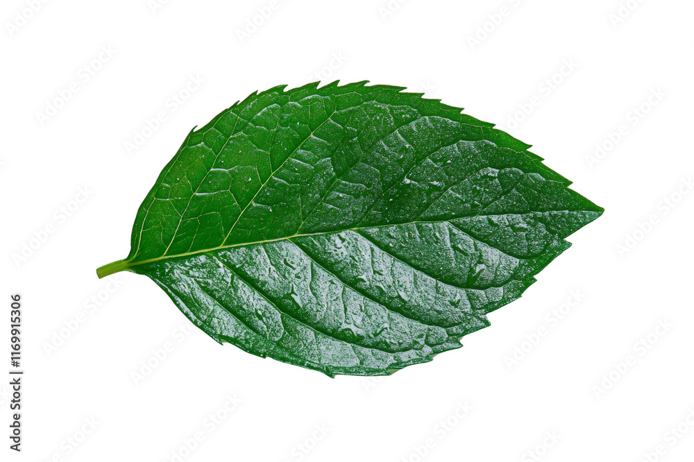 Obraz premium A single fresh green leaf on a white background.