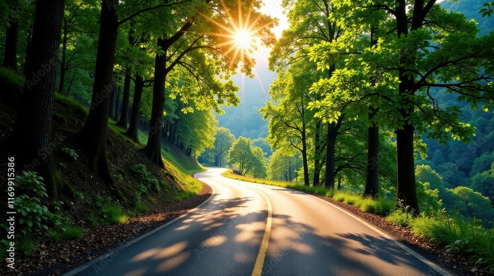 Obraz premium Serene Winding Road Through Lush Green Forest Canopy at Sunrise