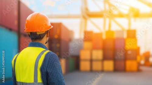 A dock worker observes the container yard at sunrise, readying for an important day of unloading and loading cargo vessels