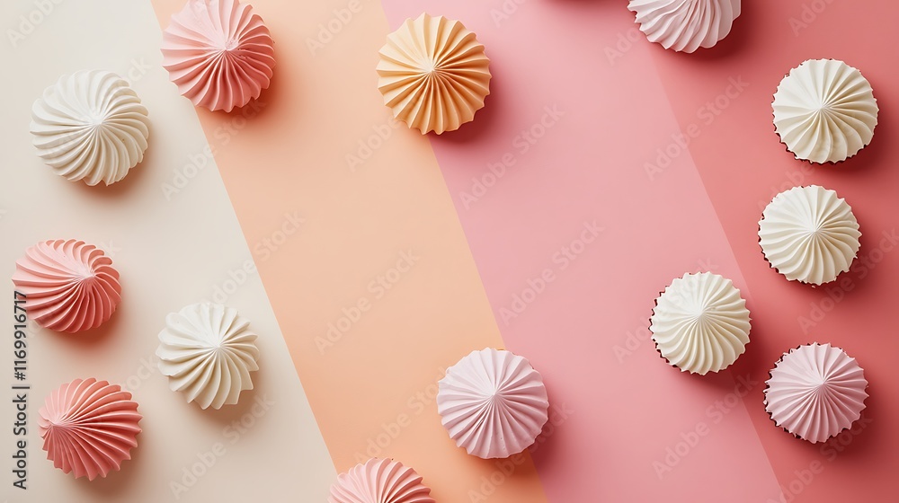 Pastel meringue cookies arranged on a colorful background