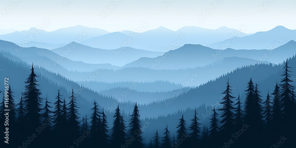 Obraz premium Misty Blue Mountain Range Silhouette.