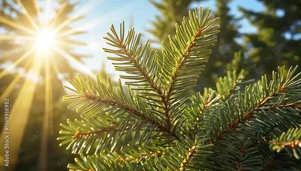Sunlit Evergreen Branch Displays Needles In Forest Sunlit Evergreen Branch Displays Needles In Forest