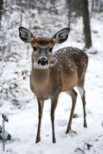 Wallpaper Mural Deer is standing in the snow with its head down. Concept of quiet and stillness, as the deer appears to be in a peaceful moment in its natural habitat Torontodigital.ca