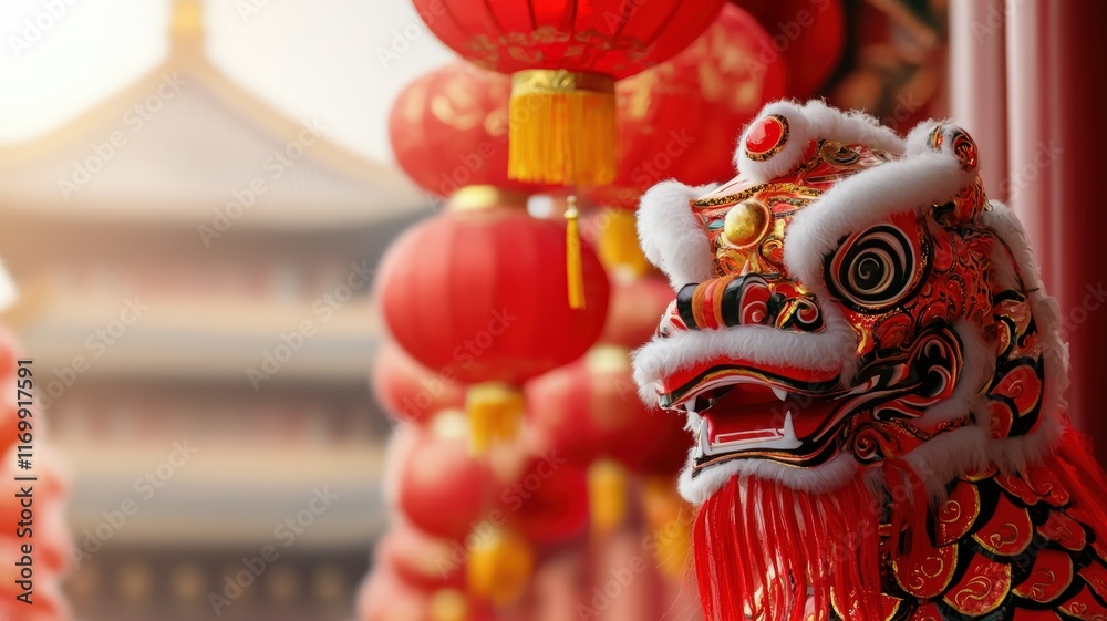 A colorful lion dance statue stands amidst vibrant red lanterns, symbolizing celebration and tradition in a festive setting. A colorful lion dance statue stands amidst vibrant red lanterns, symbolizing celebration and tradition in a festive setting.