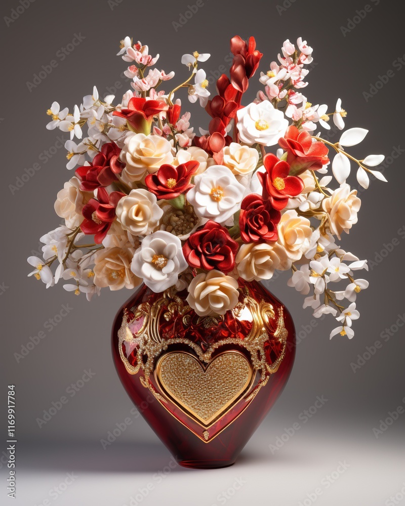 Elegant red, golden, and white heart-shaped vase filled with crystal flowers, creating a luxurious and artistic display. A perfect blend of beauty, sophistication, and intricate design. Elegant red, golden, and white heart-shaped vase filled with crystal flowers, creating a luxurious and artistic display. A perfect blend of beauty, sophistication, and intricate design.