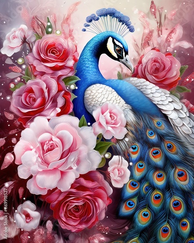 Elegant diamond art featuring red, white, and pink roses with a majestic peacock, perfect for decorative purposes, living room walls, and luxurious interior design.
