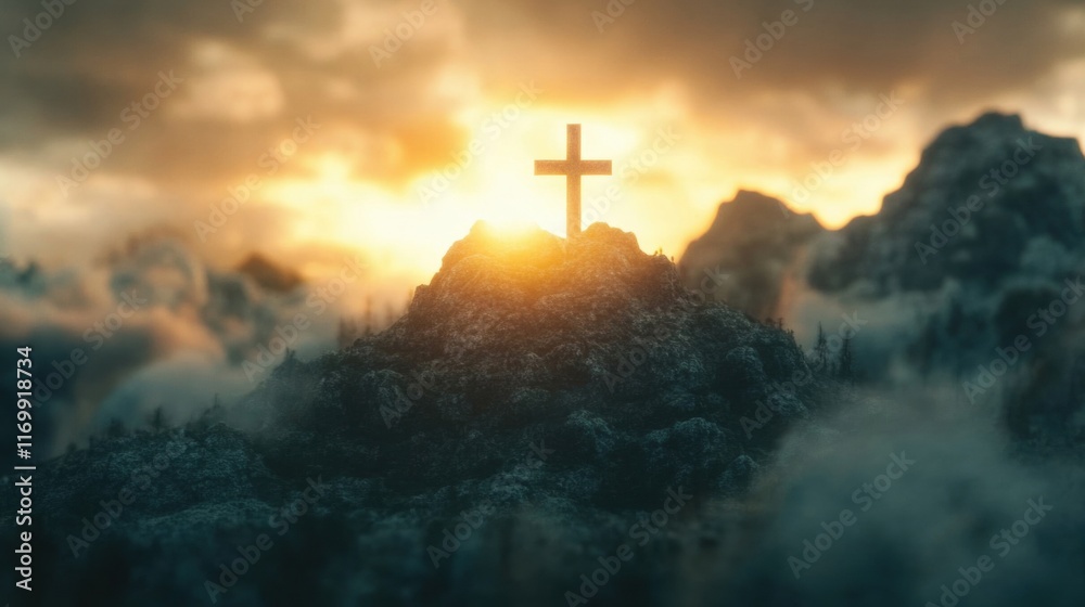 Fototapeta premium A cross stands prominently on a mountain peak, bathed in warm divine light as the sun rises, surrounded by soft clouds and mist