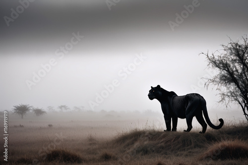  Brown monochrome picture foggy background a black panther's  silhouette close-up, looking into the distance with messy grassland nearby