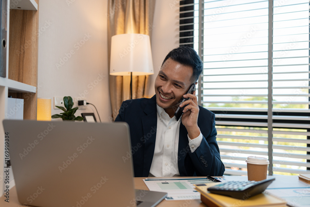 a businessman is talking on the phone with his colleague, a man is working in the office at company of accountant, an employee is in his private office a businessman is talking on the phone with his colleague, a man is working in the office at company of accountant, an employee is in his private office