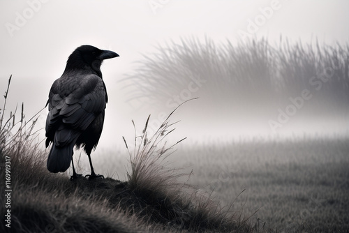   Brown monochrome picture foggy background a crow's silhouette close-up, looking into the distance with messy grassland nearby photo