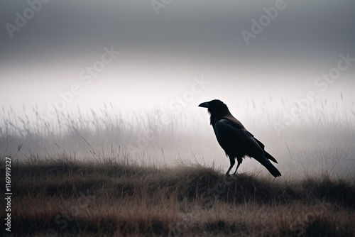   Brown monochrome picture foggy background a crow's silhouette close-up, looking into the distance with messy grassland nearby photo