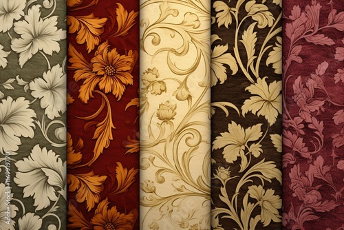 Elegant floral patterns in vibrant five-striking tones frame wall art, perfect for decorative purposes, textiles, wallpapers, and artistic backgrounds. European-style floral damask wallpaper.