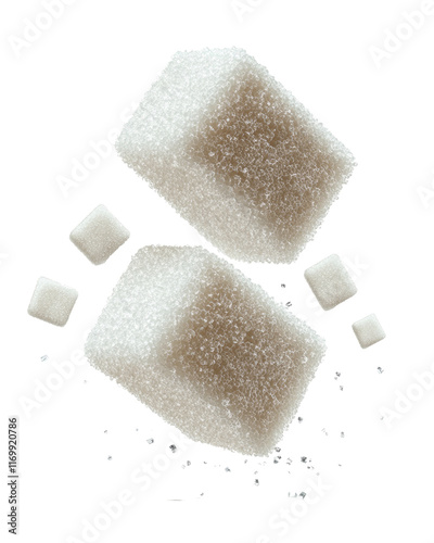 Brown sugar cubes scattered on a white surface. photo