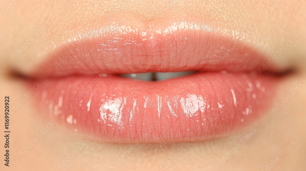 Obraz premium Close-up view of enhanced lips that appear shiny and full after a cosmetic procedure aimed at improving lip volume and shape
