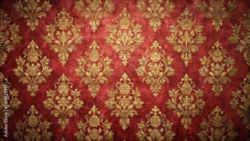 Distressed red velvet wallpaper with gold accents and intricate patterns , velvet, design