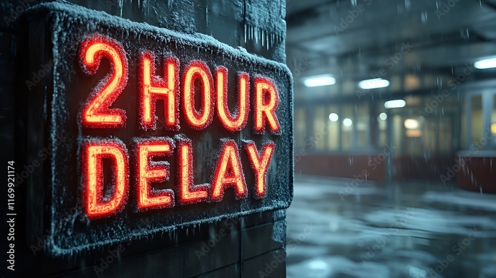 A sign that reads “2 HOUR DELAY”. - school - bad weather - snow - ice - frigid cold conditions - start time - morning