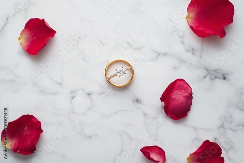 A flat lay design a golden engagement ring on a marble surface with scattered rose petals.