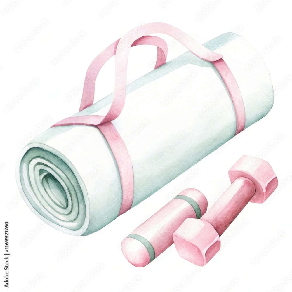 A fitness mat and pink dumbbells for exercise, promoting health and wellness. A fitness mat and pink dumbbells for exercise, promoting health and wellness.