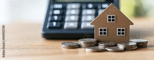 home loan property qualification concept. A model house with coins and a calculator, representing real estate investment and finances.