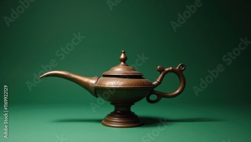 A vintage bronze genie lamp, set against a deep green backdrop - hinting at mystery and wish fulfillment - suitable for fantasy themed events, marketing campaigns or book covers, photo