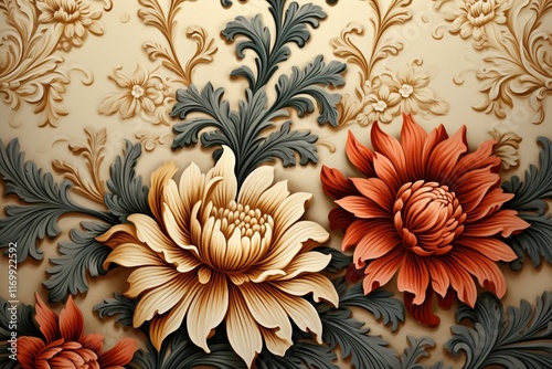 Elegant sophisticate floral damask featuring vibrant intricate ornamental patterns, Perfect for decorative purposes, living room walls, and interior design.
