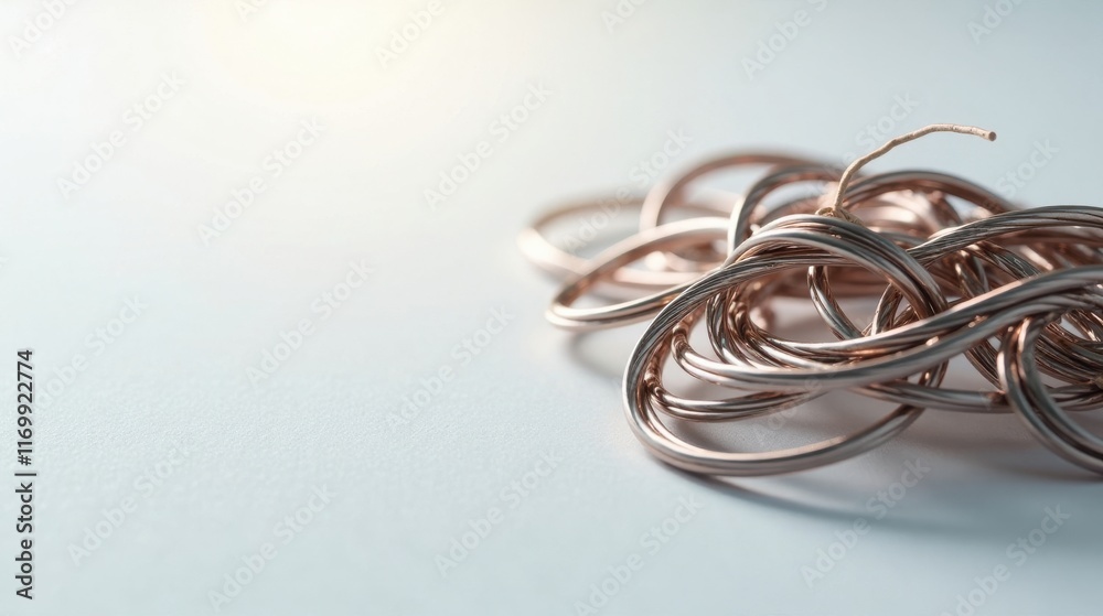 Rose Gold Wire Abstract Composition Intricate, Tangled Rings on a Smooth Surface Rose Gold Wire Abstract Composition Intricate, Tangled Rings on a Smooth Surface
