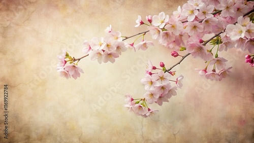 delicate cherry blossoms on textured paper background, paper texture