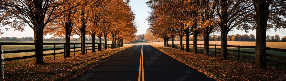 Naklejka premium A serene autumn road flanked by vibrant trees under a clear sky.