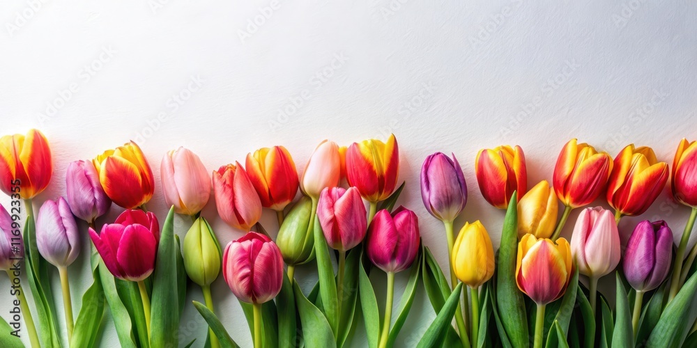 Blooming Tulips on White Paper Background, garden scene, paper blooms Blooming Tulips on White Paper Background, garden scene, paper blooms