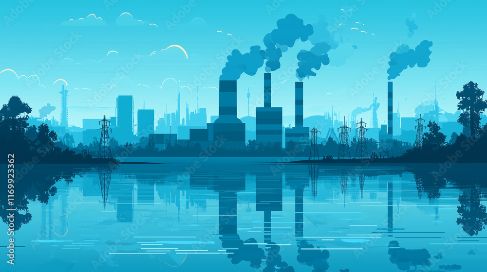 Obraz premium Factory Skyline with Smoking Stacks Against a Blue Sky Reflected in Water