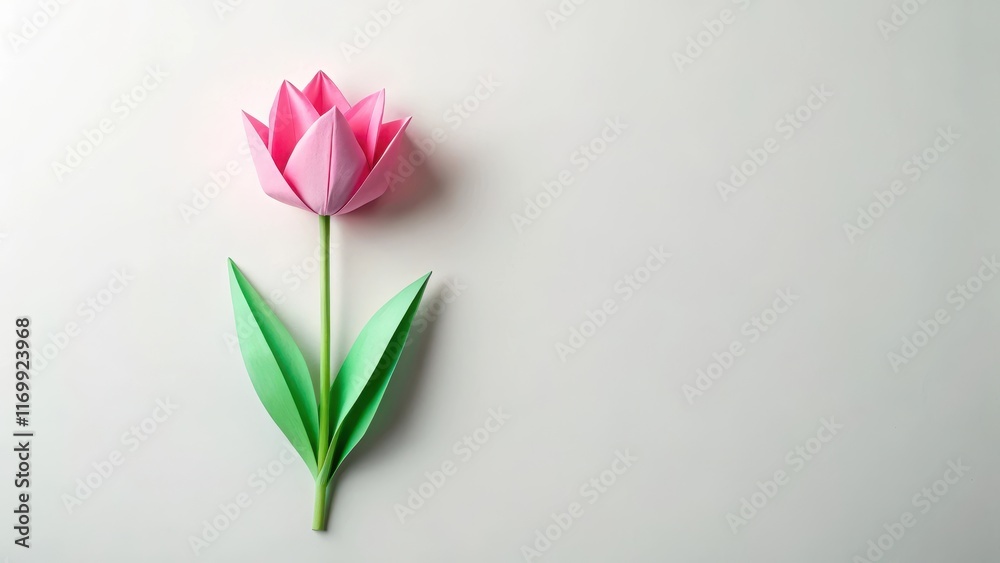Fototapeta premium Paper Craft Cut Origami Pink Tulip Flower with Petals and Stem , cut flower, paper cutting