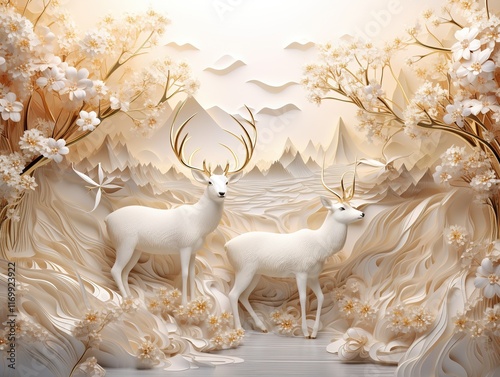 Elegant white and golden 3D floral tree with mountains and deer in a serene landscape, art deco. Perfect for decorative purposes, living room walls, and interior design.