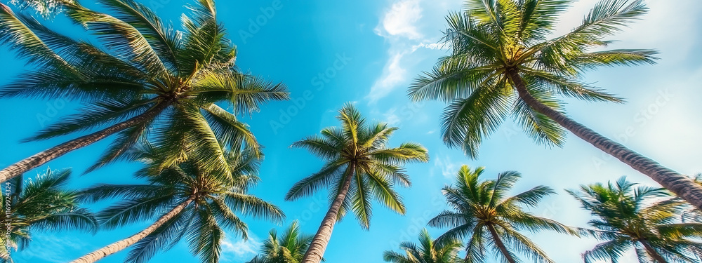 Fototapeta premium Majestic coconut trees under a vibrant blue sky with amazing details and perfect composition, high-definition photography showcasing tropical beauty.