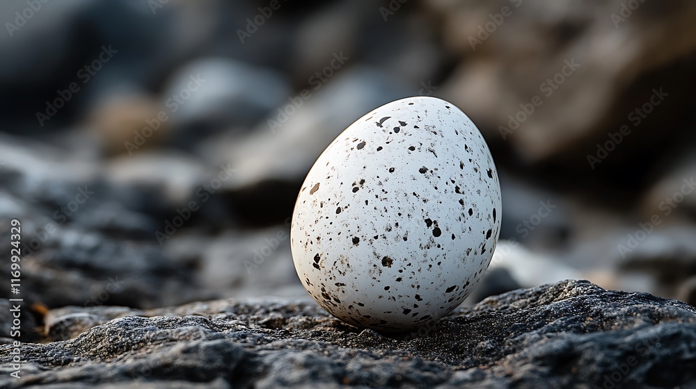 A speckled bird egg rests on a dark rock A speckled bird egg rests on a dark rock
