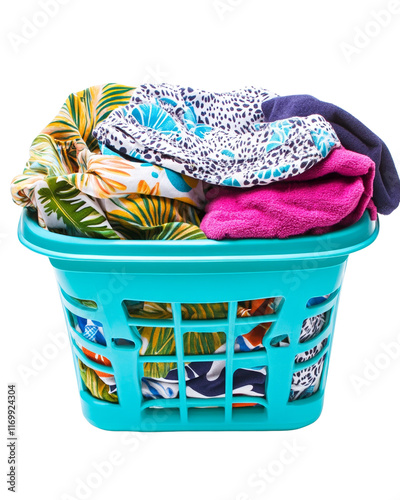 Colorful laundry basket filled with clean clothes.
