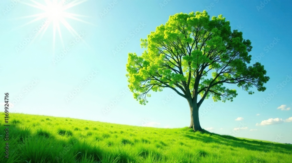 Fototapeta premium Serene landscape of a lush green tree on a vibrant grassy hill under a bright sun