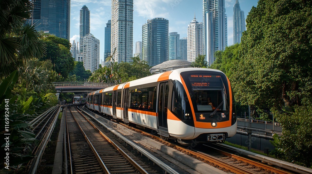 Naklejka premium Futuristic Train Racing Through Modern Cityscape