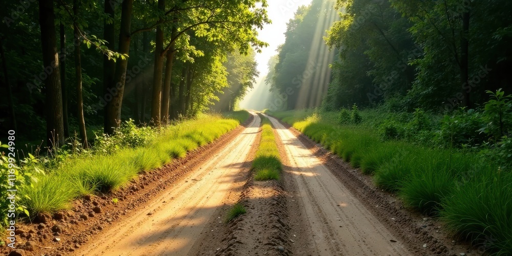 Obraz premium Sunlit Forest Path A Serene Dirt Road Through Lush Green Foliage