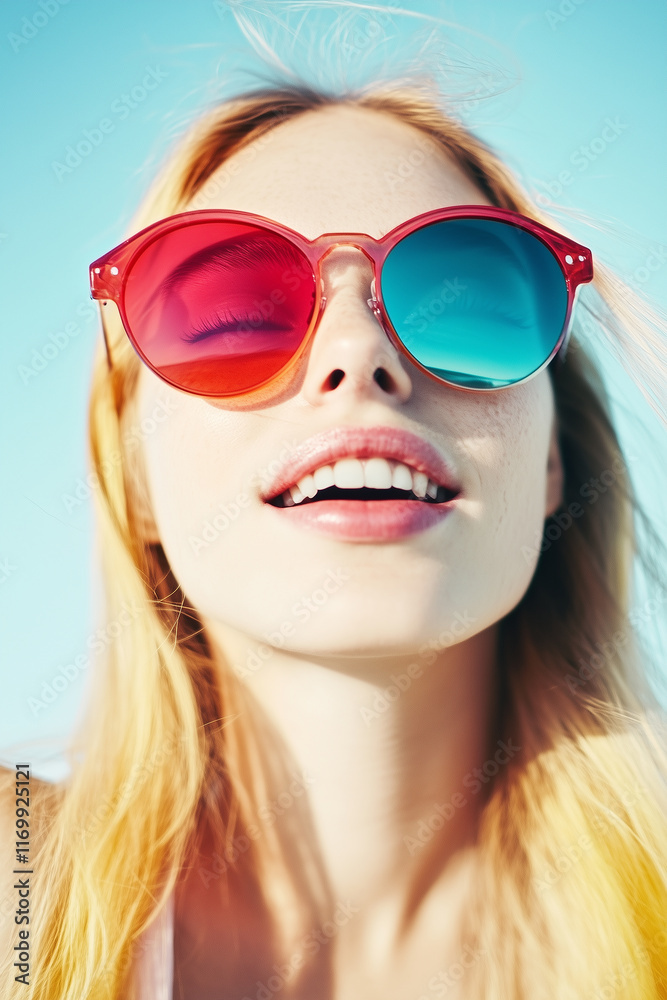 Stylish young woman wearing vibrant colorful sunglasses against a minimalist white background, showcasing fashion and individuality, high-definition and detailed composition.