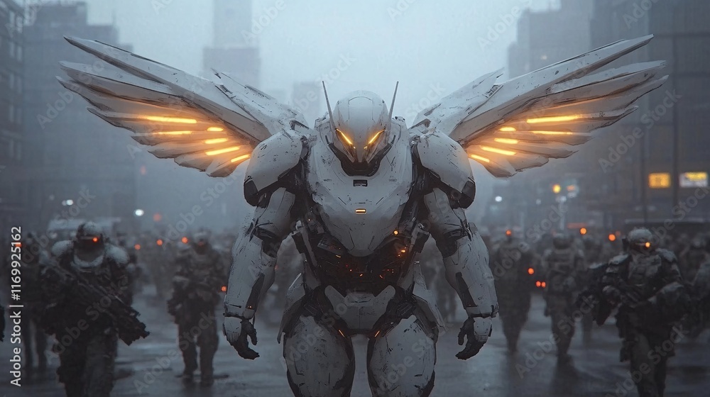 Naklejka premium Golden Robot with Angelic Wings in Urban Setting
