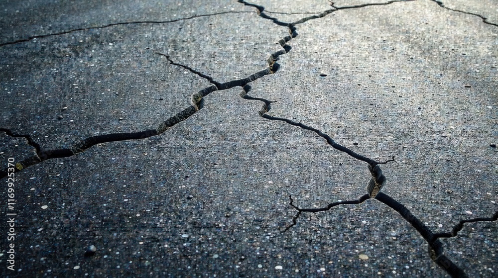 Obraz premium Cracked Asphalt Surface Texture Detailed Close-Up View of Road Deterioration