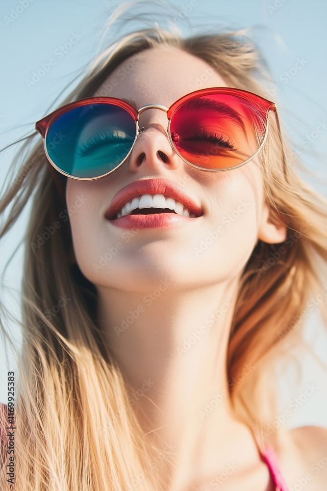 Stylish young woman wearing vibrant colorful sunglasses against a minimalist white background, showcasing fashion and individuality, high-definition and detailed composition. Stylish young woman wearing vibrant colorful sunglasses against a minimalist white background, showcasing fashion and individuality, high-definition and detailed composition.