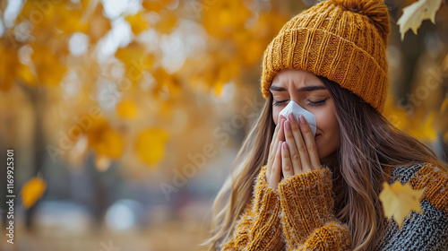 Woman Sneezing in an Autumn Park Wearing Warm Knitted Clothing