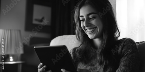 The image depicts a joyful moment of a young woman engaging with digital content on her tablet, showcasing the ubiquitous presence and impact of technology in everyday life. photo